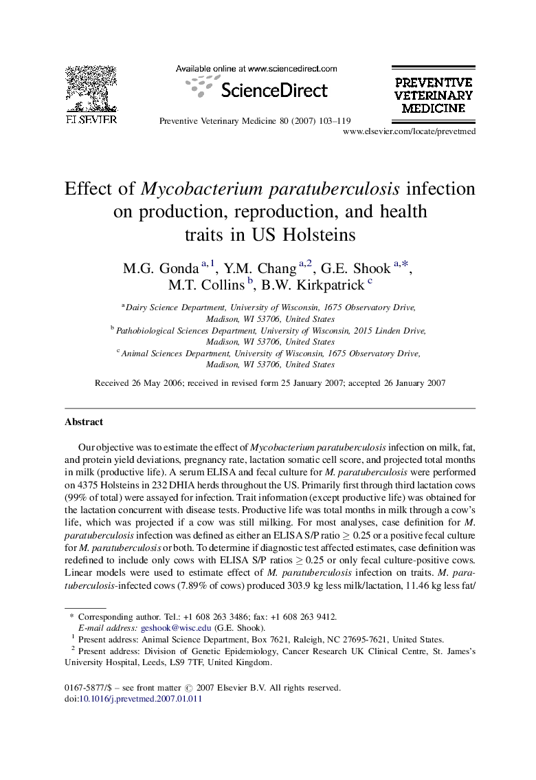 Effect of Mycobacterium paratuberculosis infection on production, reproduction, and health traits in US Holsteins