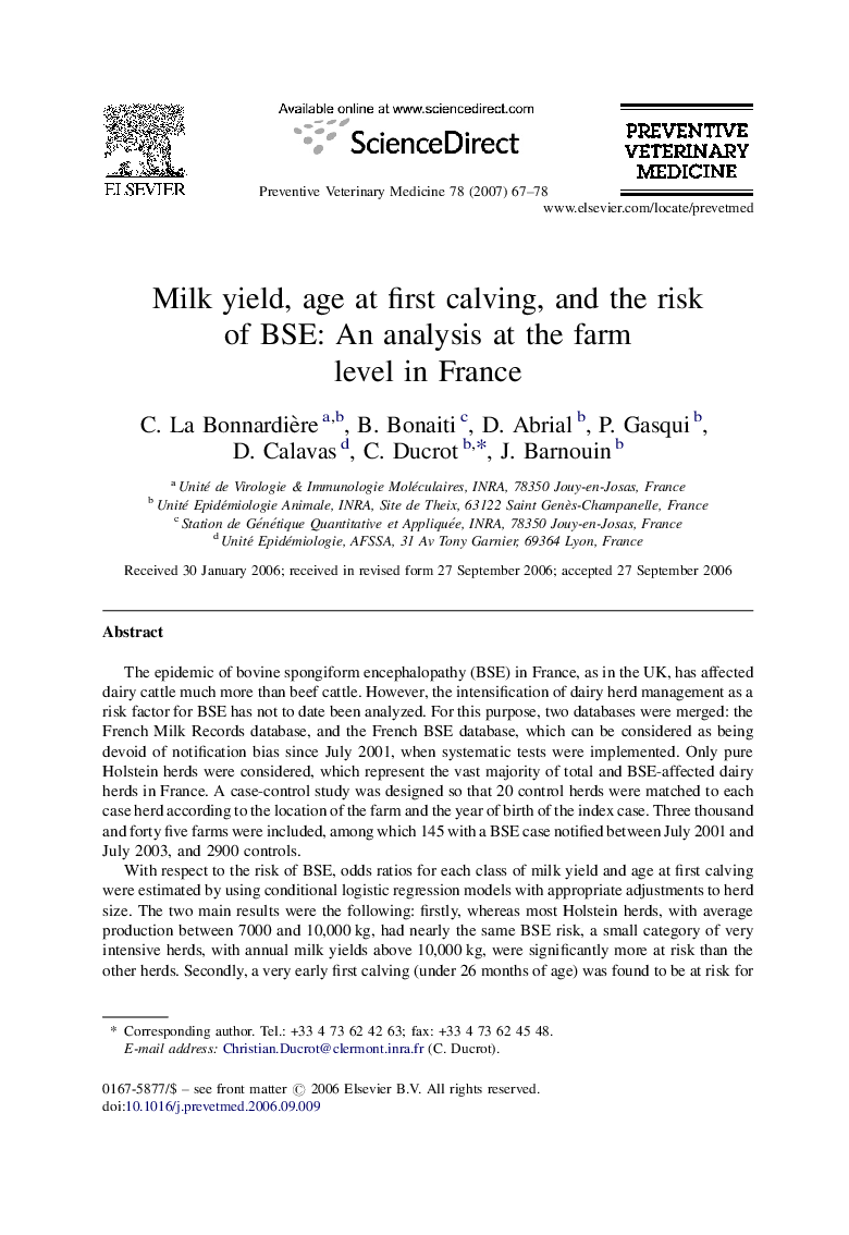 Milk yield, age at first calving, and the risk of BSE: An analysis at the farm level in France