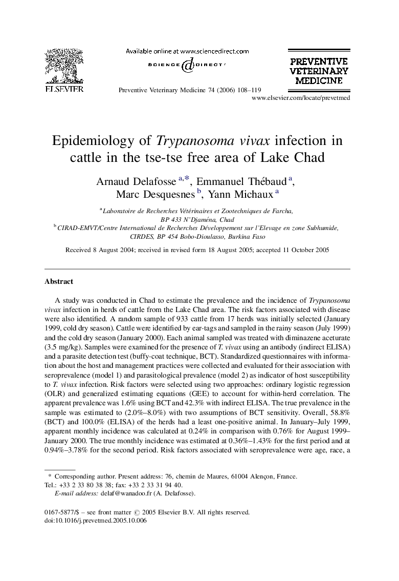 Epidemiology of Trypanosoma vivax infection in cattle in the tse-tse free area of Lake Chad