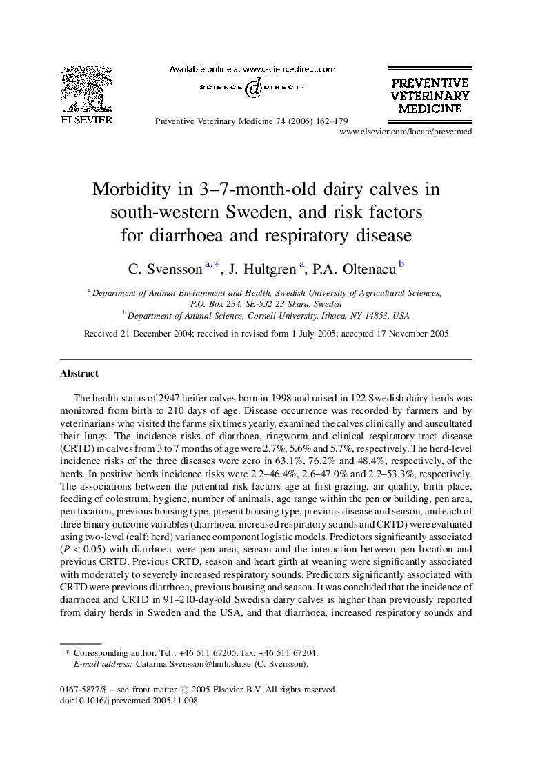 Morbidity in 3–7-month-old dairy calves in south-western Sweden, and risk factors for diarrhoea and respiratory disease