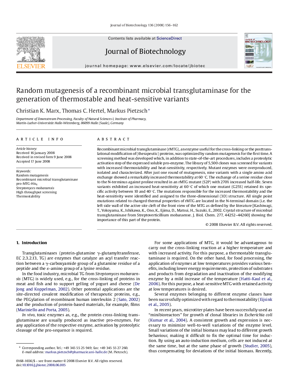 Random mutagenesis of a recombinant microbial transglutaminase for the generation of thermostable and heat-sensitive variants