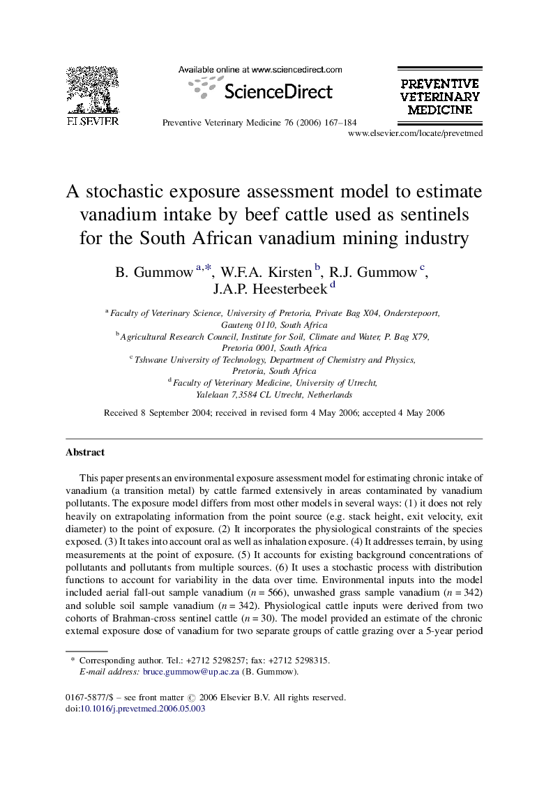 A stochastic exposure assessment model to estimate vanadium intake by beef cattle used as sentinels for the South African vanadium mining industry