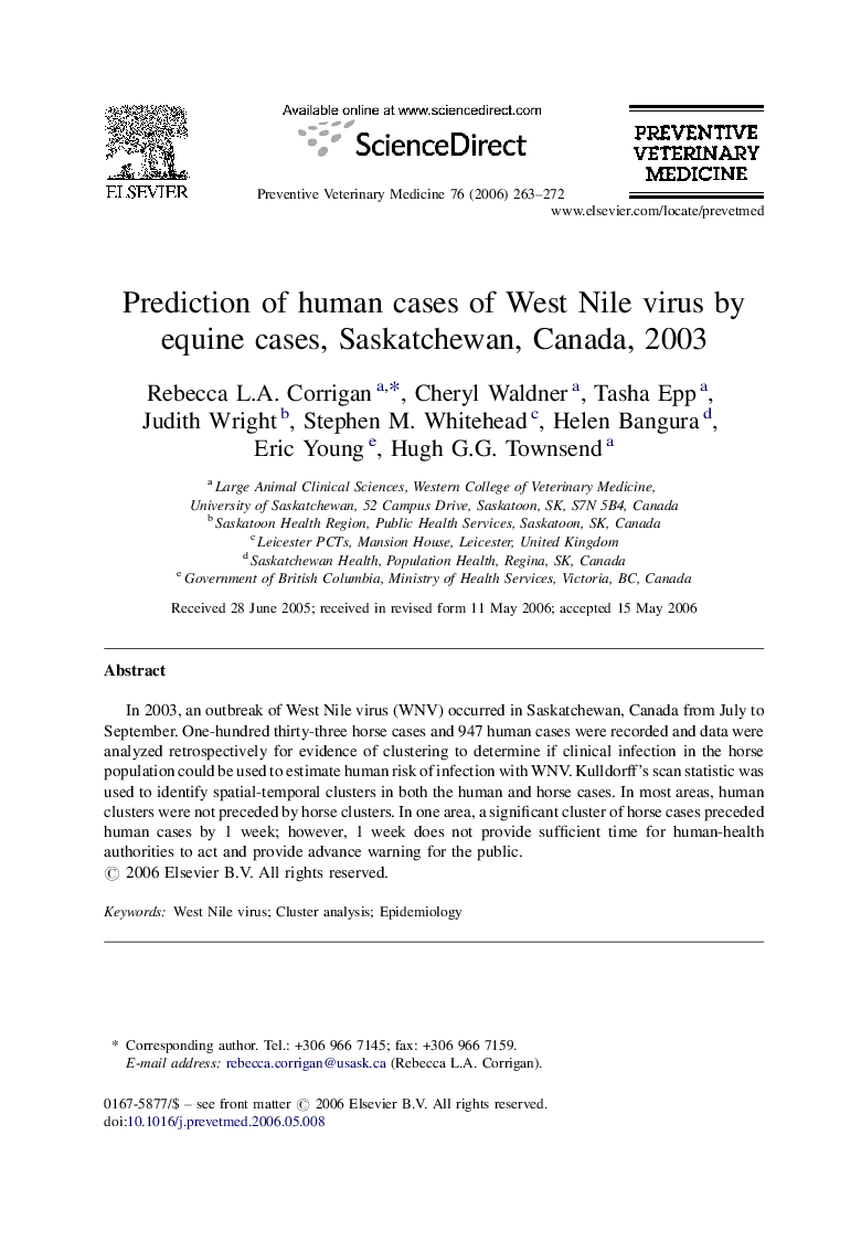 Prediction of human cases of West Nile virus by equine cases, Saskatchewan, Canada, 2003