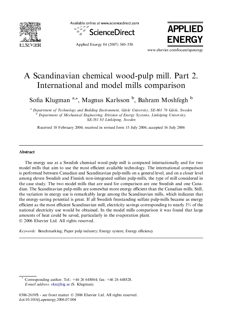 A Scandinavian chemical wood-pulp mill. Part 2. International and model mills comparison
