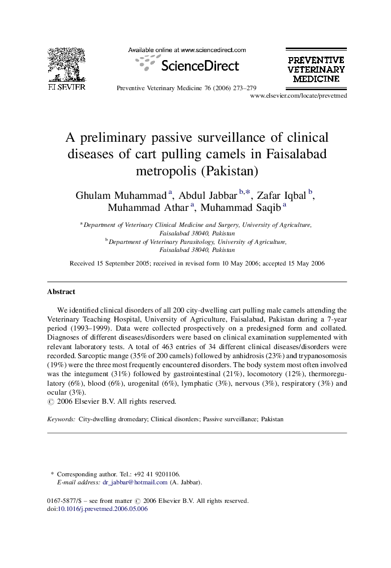 A preliminary passive surveillance of clinical diseases of cart pulling camels in Faisalabad metropolis (Pakistan)