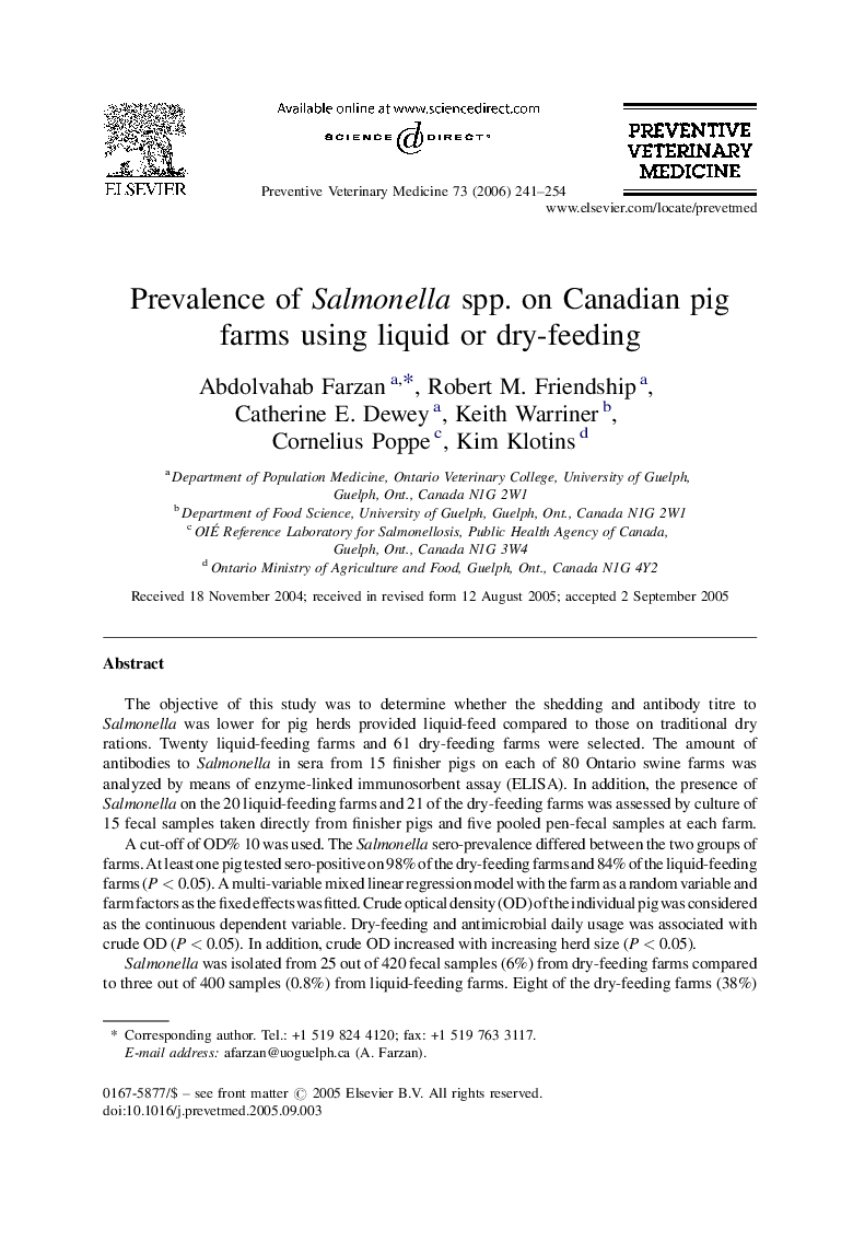 Prevalence of Salmonella spp. on Canadian pig farms using liquid or dry-feeding