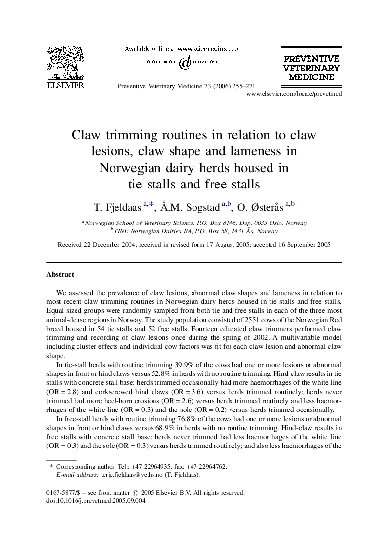 Claw trimming routines in relation to claw lesions, claw shape and lameness in Norwegian dairy herds housed in tie stalls and free stalls