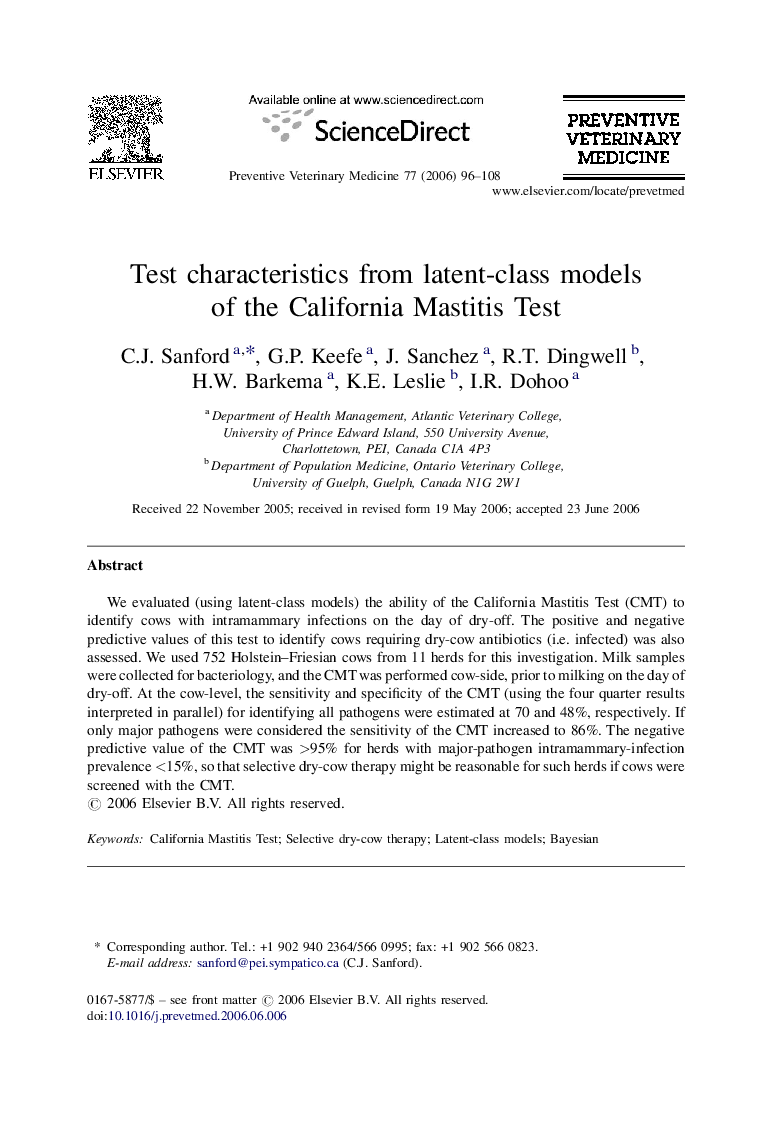 Test characteristics from latent-class models of the California Mastitis Test