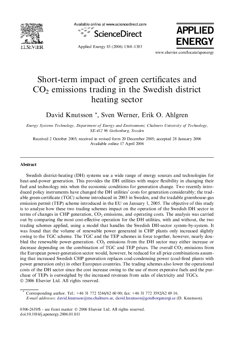 Short-term impact of green certificates and CO2 emissions trading in the Swedish district heating sector