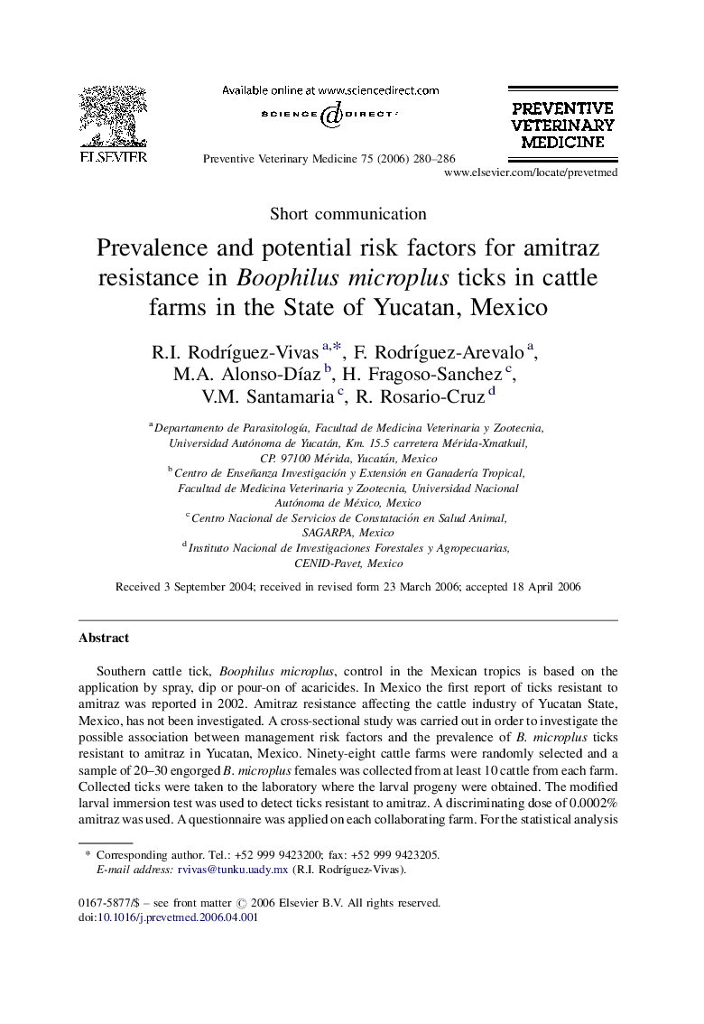 Prevalence and potential risk factors for amitraz resistance in Boophilus microplus ticks in cattle farms in the State of Yucatan, Mexico