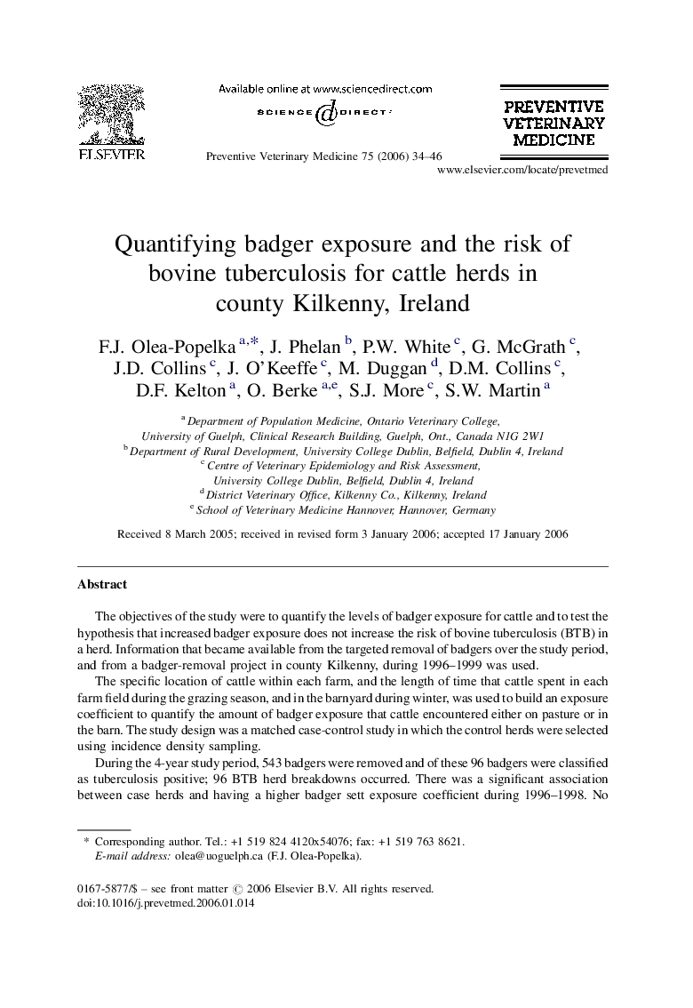 Quantifying badger exposure and the risk of bovine tuberculosis for cattle herds in county Kilkenny, Ireland