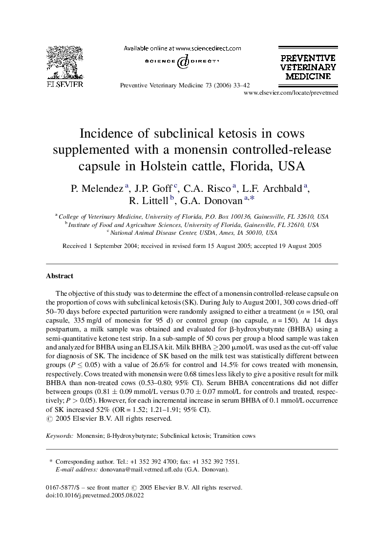 Incidence of subclinical ketosis in cows supplemented with a monensin controlled-release capsule in Holstein cattle, Florida, USA