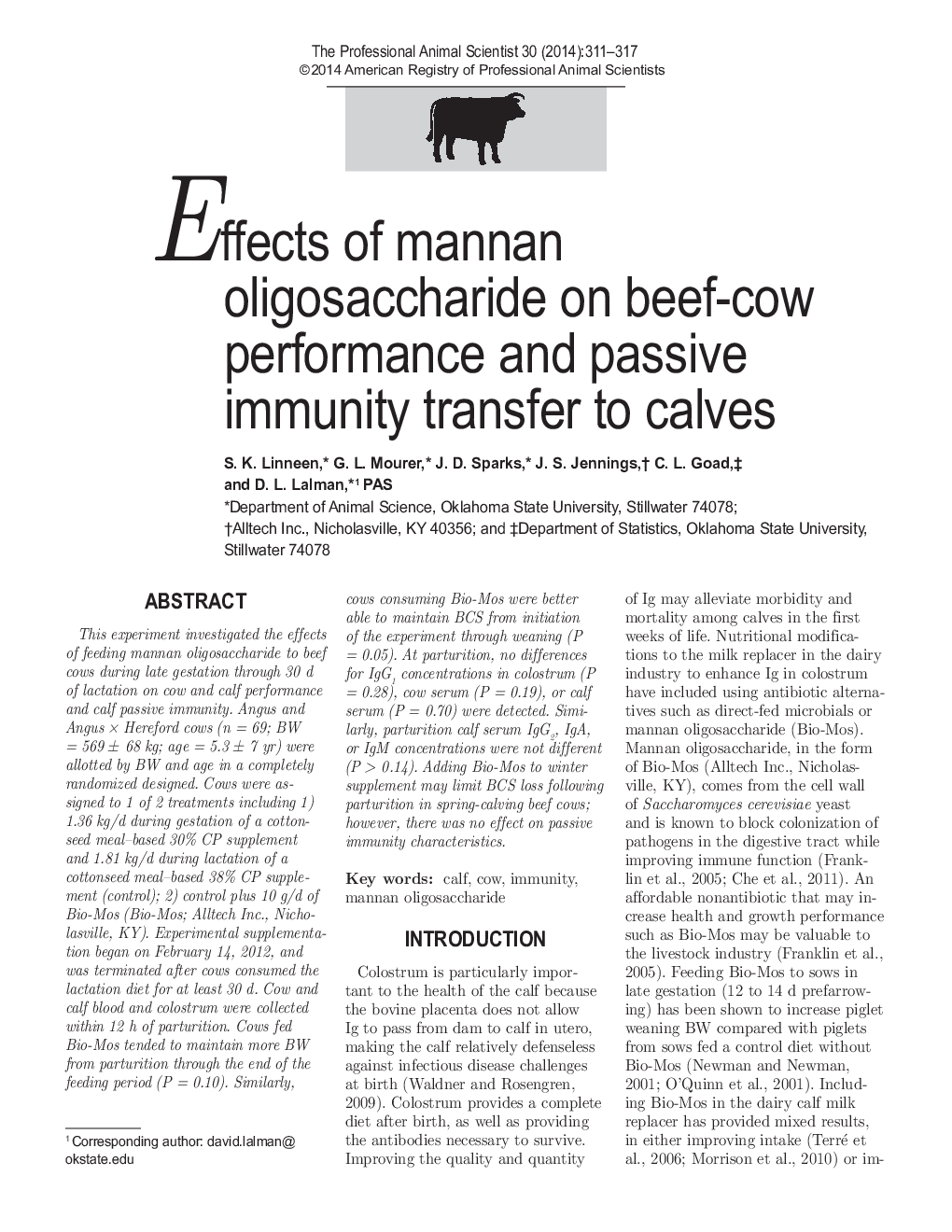 Effects of mannan oligosaccharide on beef-cow performance and passive immunity transfer to calves