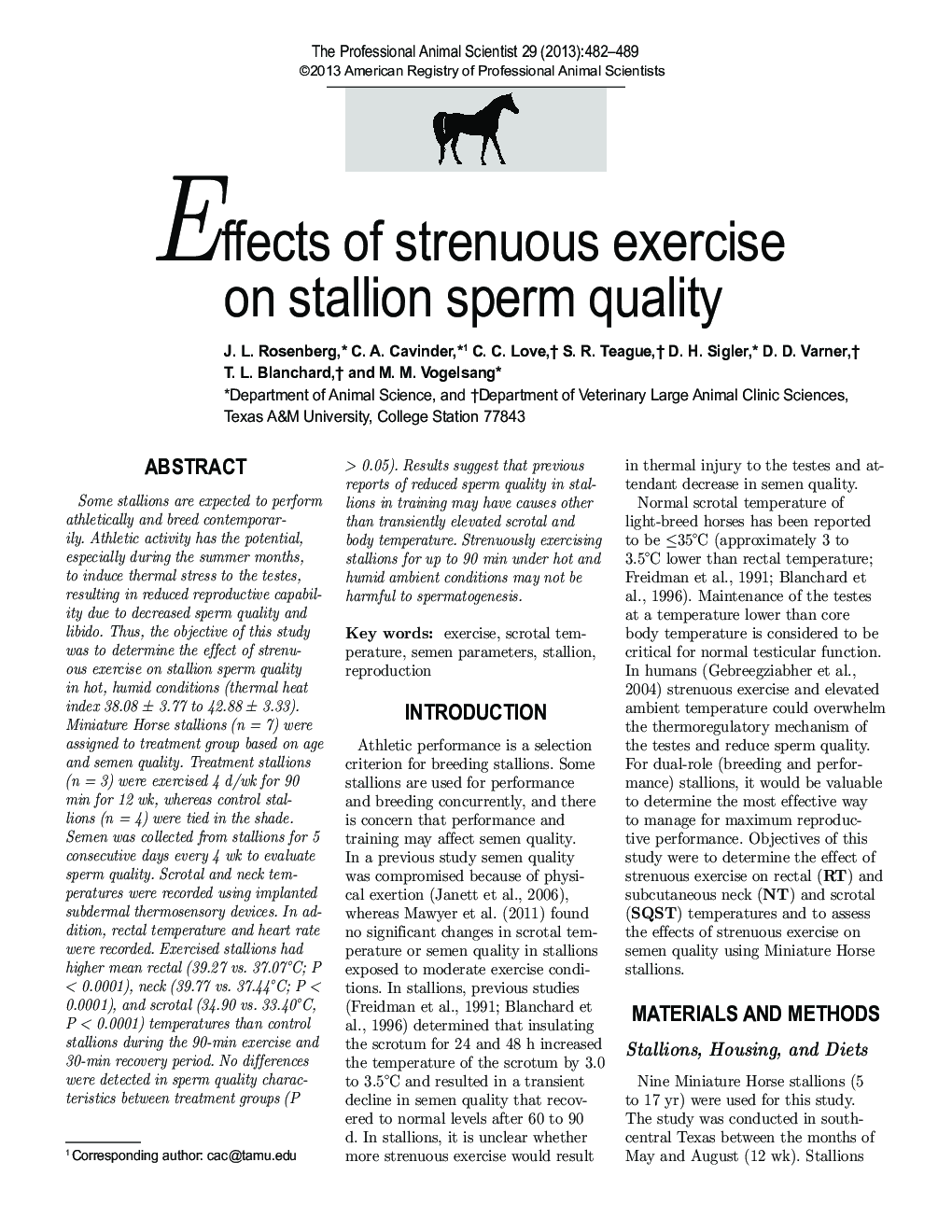 Effects of strenuous exercise on stallion sperm quality