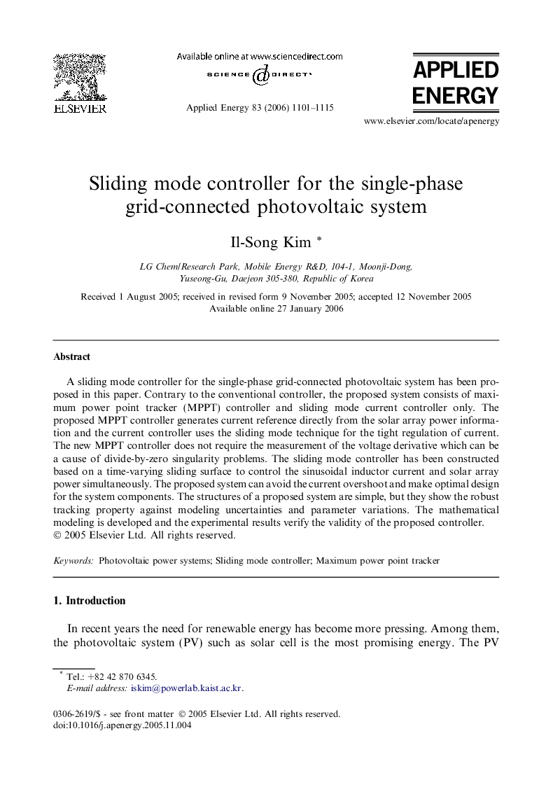 Sliding mode controller for the single-phase grid-connected photovoltaic system