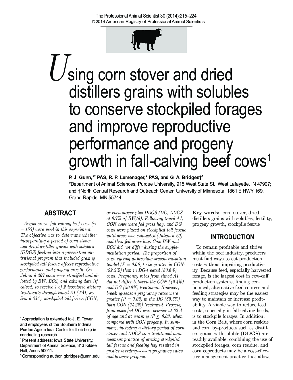 Using corn stover and dried distillers grains with solubles to conserve stockpiled forages and improve reproductive performance and progeny growth in fall-calving beef cows1