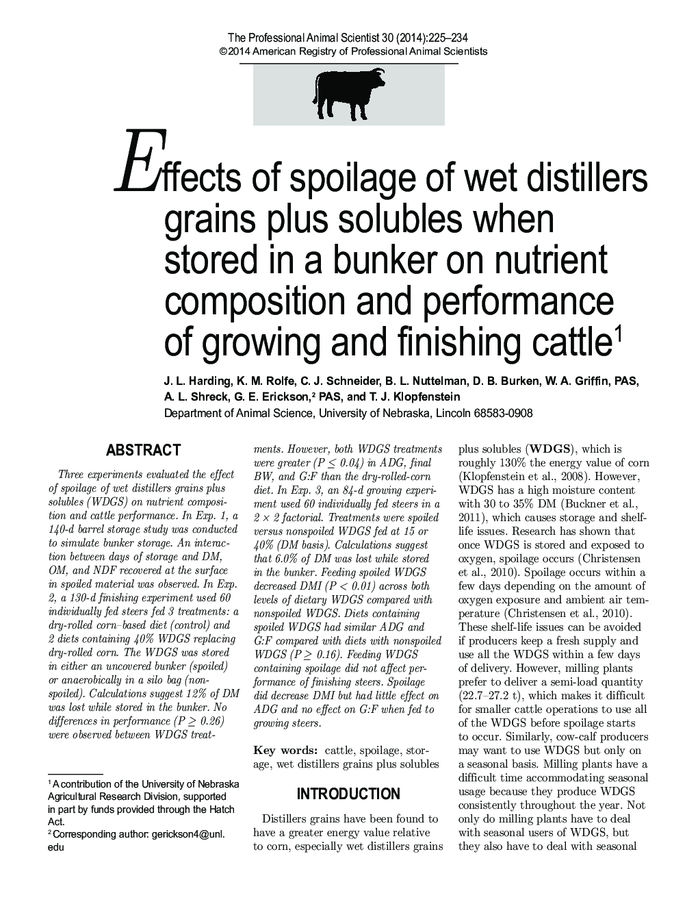 Effects of spoilage of wet distillers grains plus solubles when stored in a bunker on nutrient composition and performance of growing and finishing cattle1