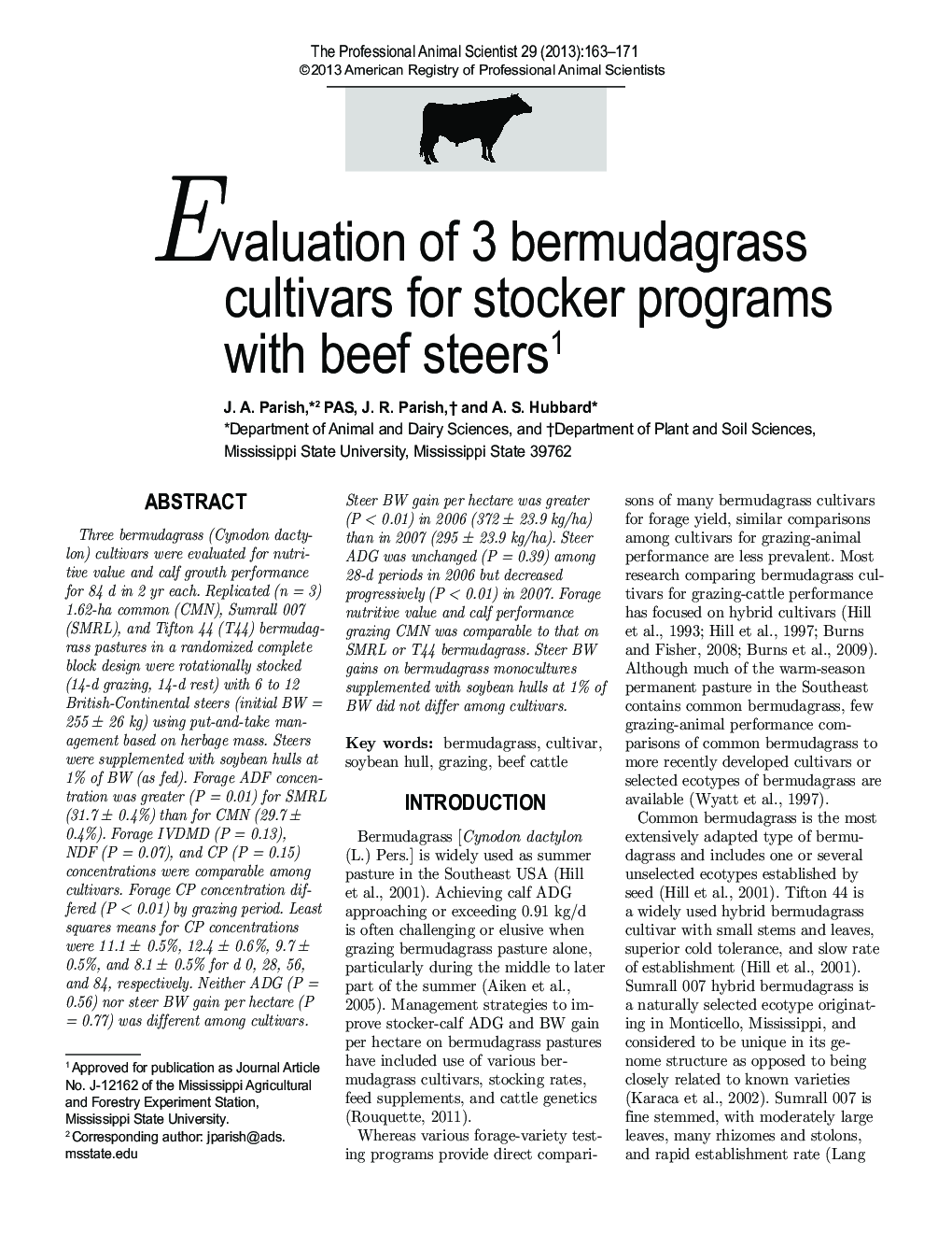 Evaluation of 3 bermudagrass cultivars for stocker programs with beef steers1