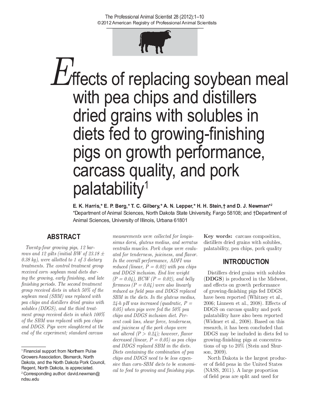 Effects of replacing soybean meal with pea chips and distillers dried grains with solubles in diets fed to growing-finishing pigs on growth performance, carcass quality, and pork palatability 1