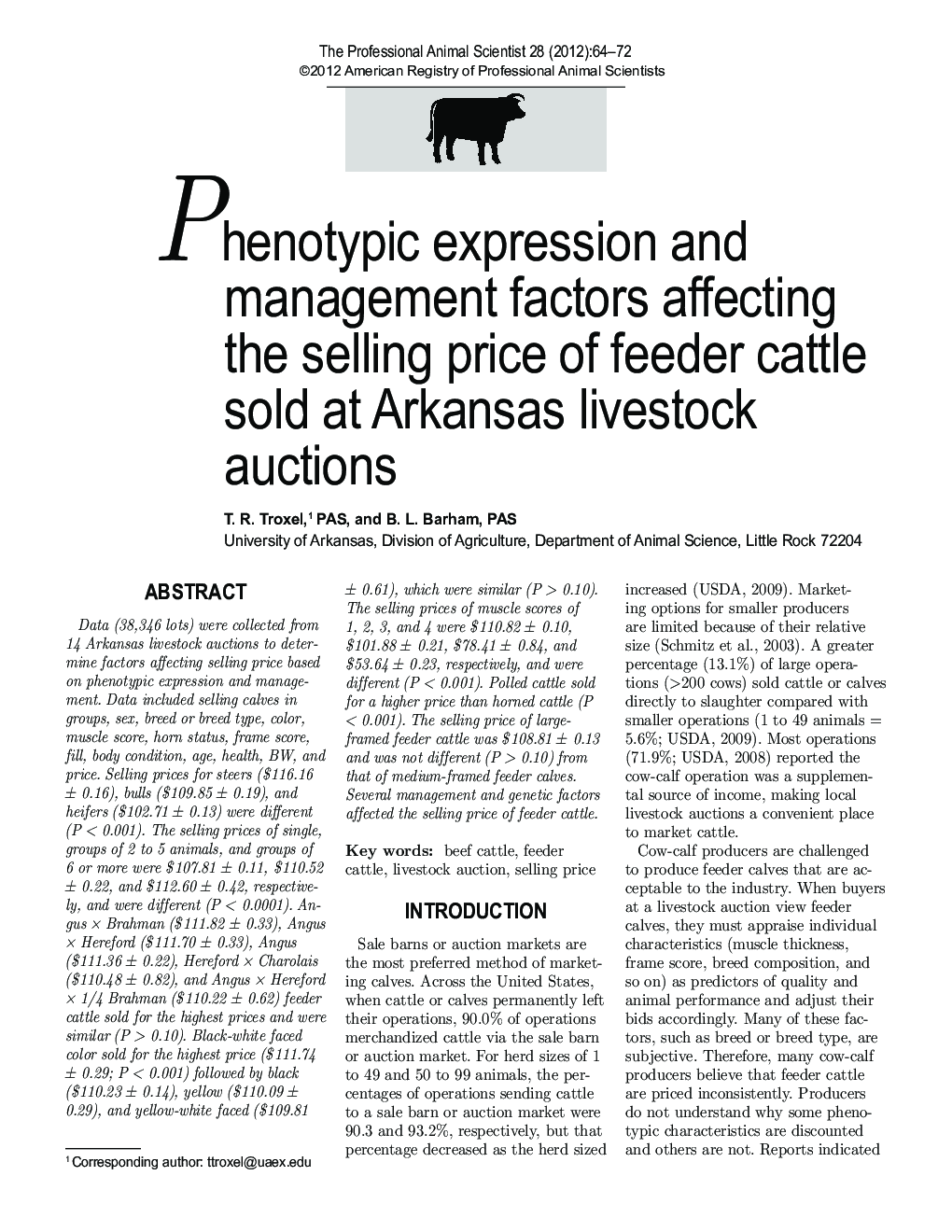 Phenotypic expression and management factors affecting the selling price of feeder cattle sold at Arkansas livestock auctions