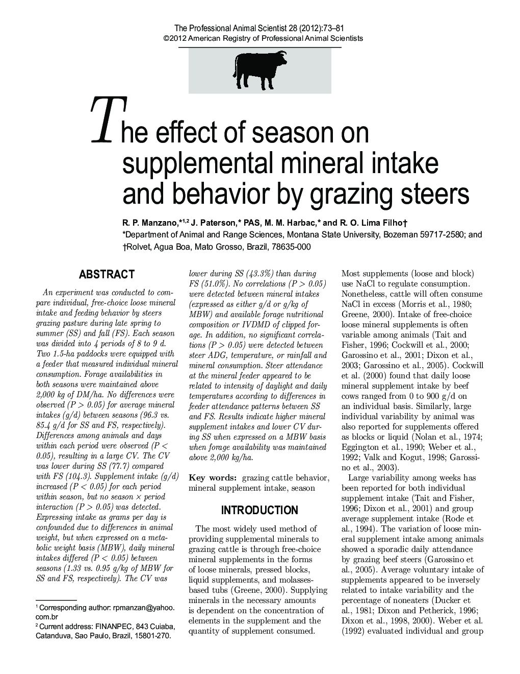 The effect of season on supplemental mineral intake and behavior by grazing steers