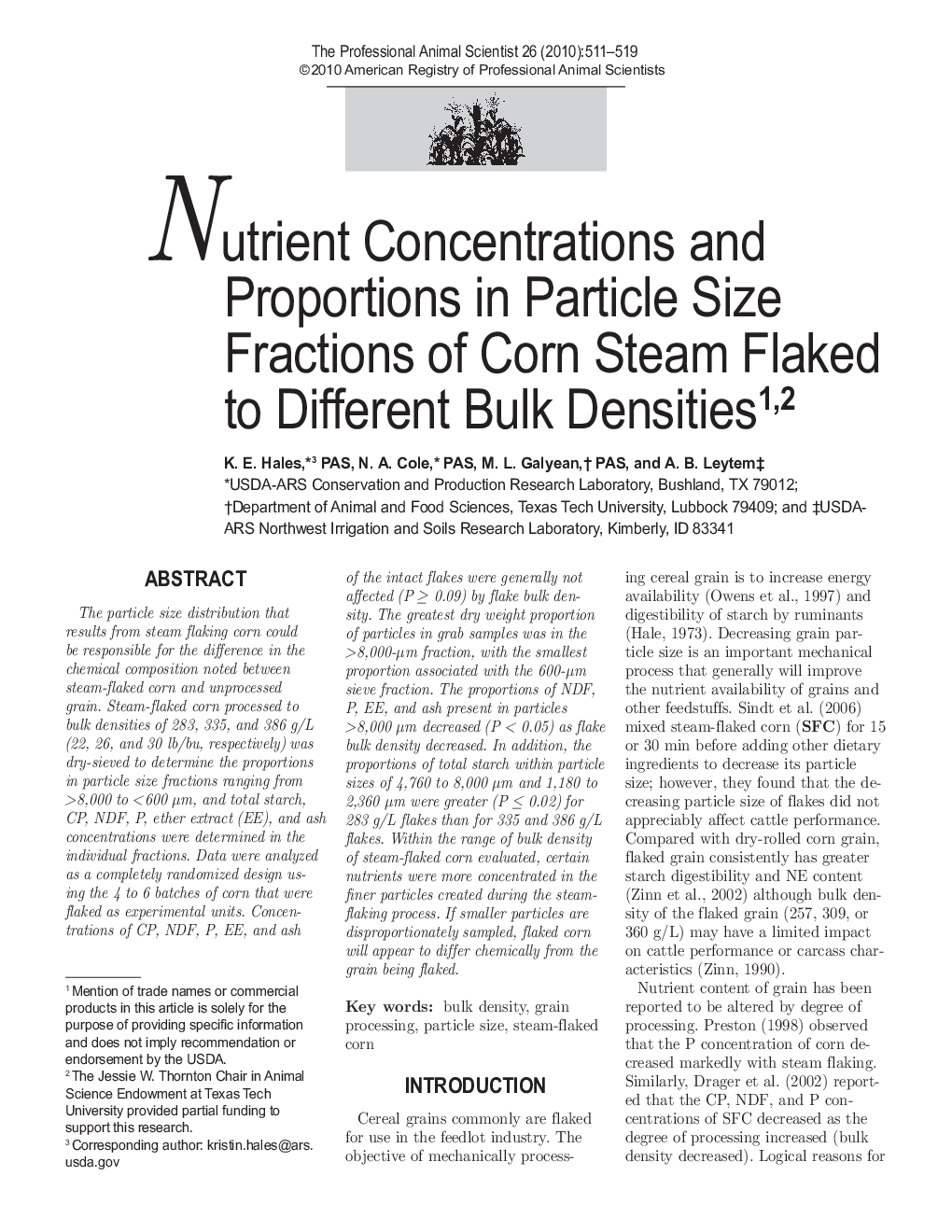 Nutrient Concentrations and Proportions in Particle Size Fractions of Corn Steam Flaked to Different Bulk Densities12