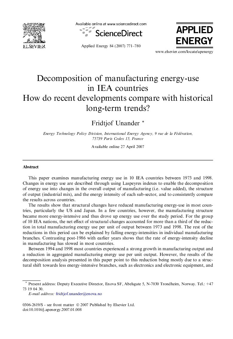 Decomposition of manufacturing energy-use in IEA countries: How do recent developments compare with historical long-term trends?