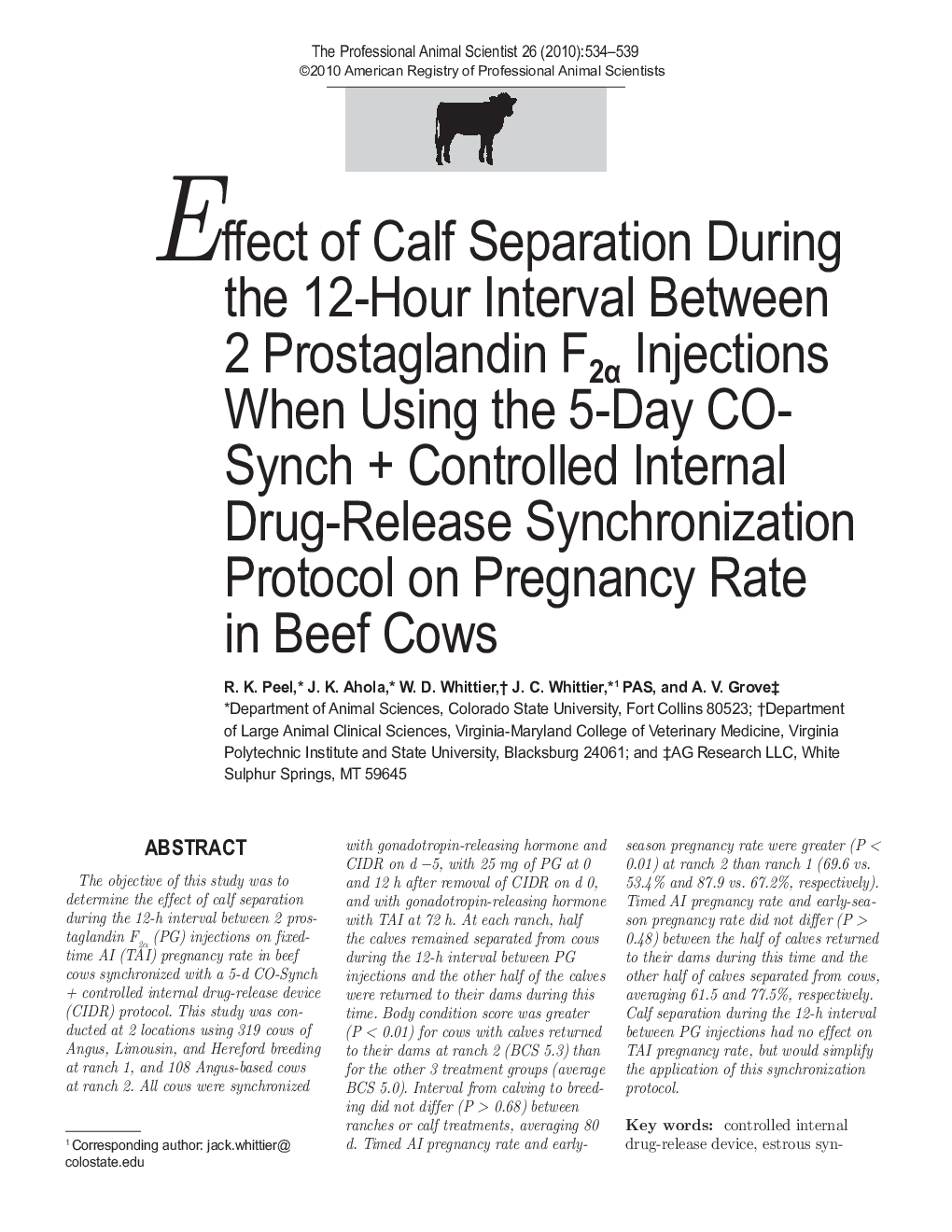 Effect of Calf Separation During the 12-Hour Interval Between 2 Prostaglandin F2Î± Injections When Using the 5-Day CO-SynchÂ +Â Controlled Internal Drug-Release Synchronization Protocol on Pregnancy Rate in Beef Cows