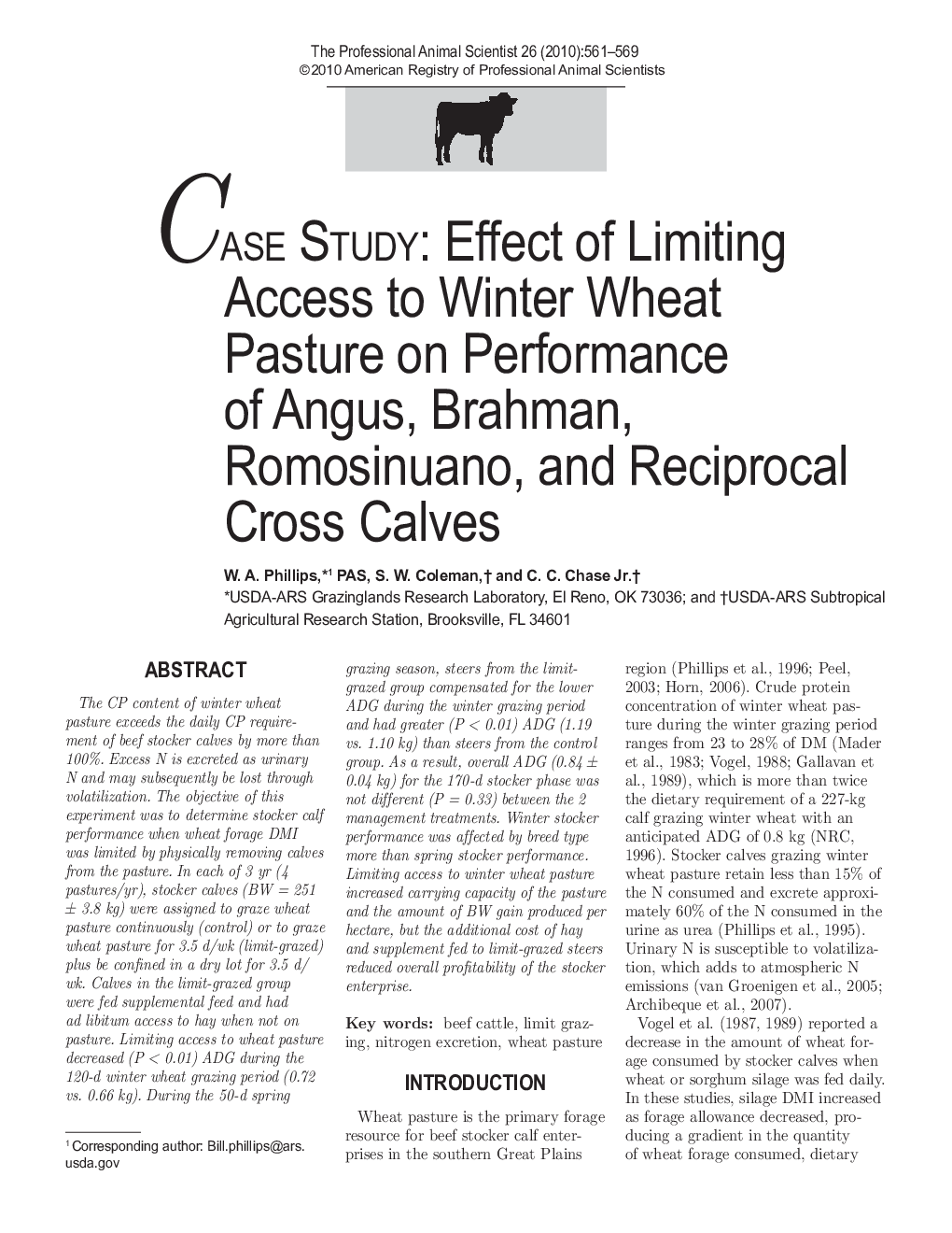 CASE Study : Effect of Limiting Access to Winter Wheat Pasture on Performance of Angus, Brahman, Romosinuano, and Reciprocal Cross Calves