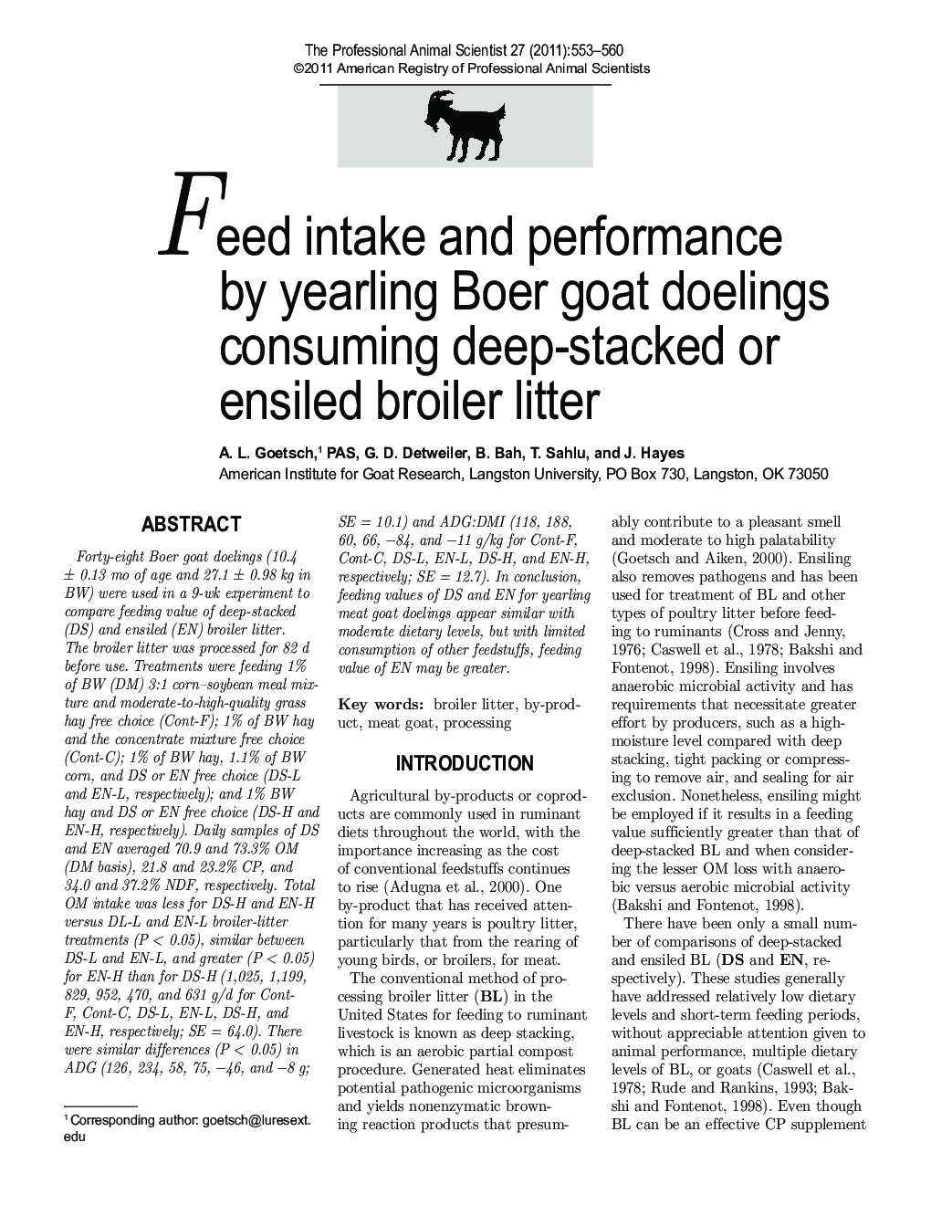 Feed intake and performance by yearling Boer goat doelings consuming deep-stacked or ensiled broiler litter