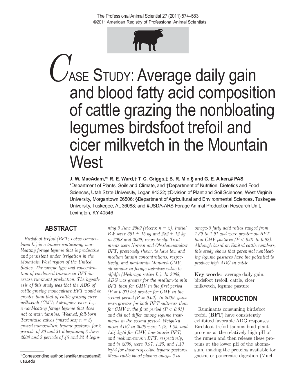 Average daily gain and blood fatty acid composition of cattle grazing the nonbloating legumes birdsfoot trefoil and cicer milkvetch in the Mountain West