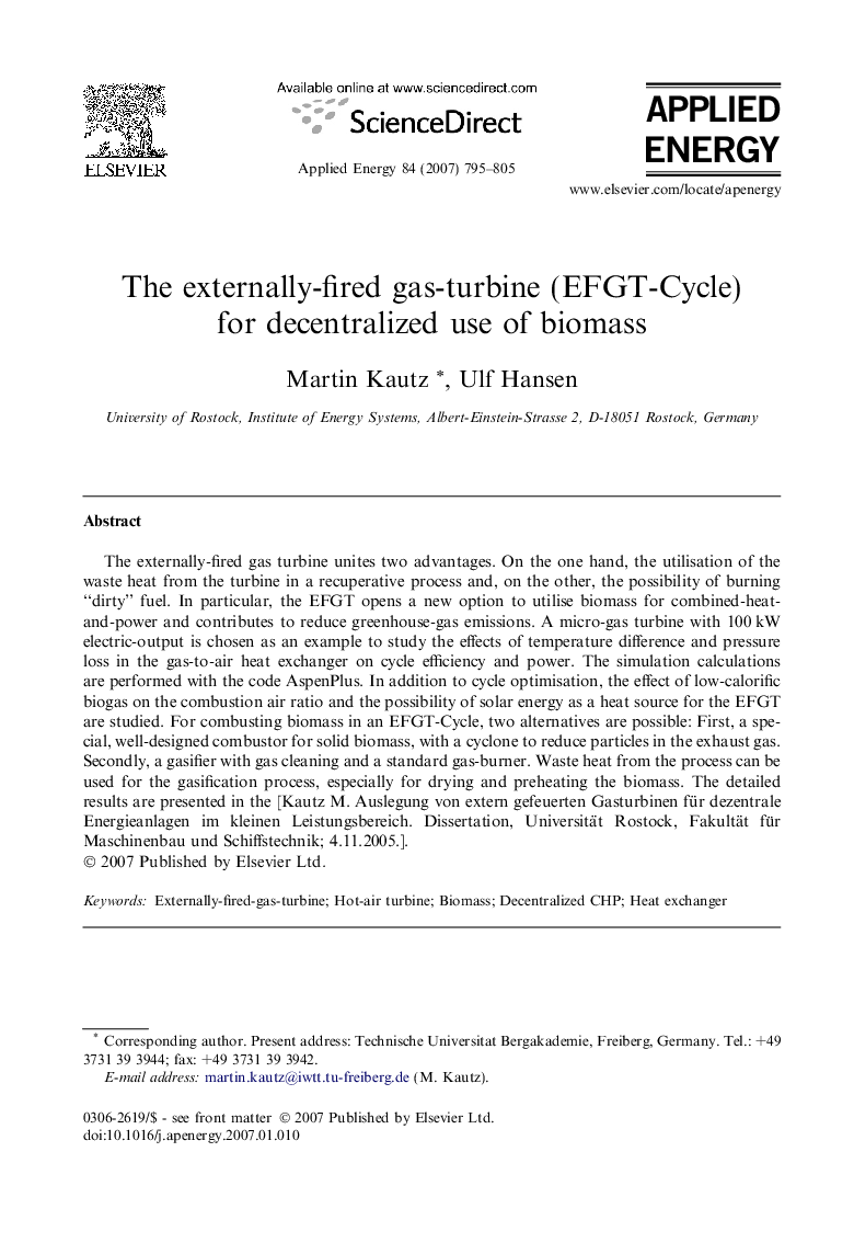 The externally-fired gas-turbine (EFGT-Cycle) for decentralized use of biomass