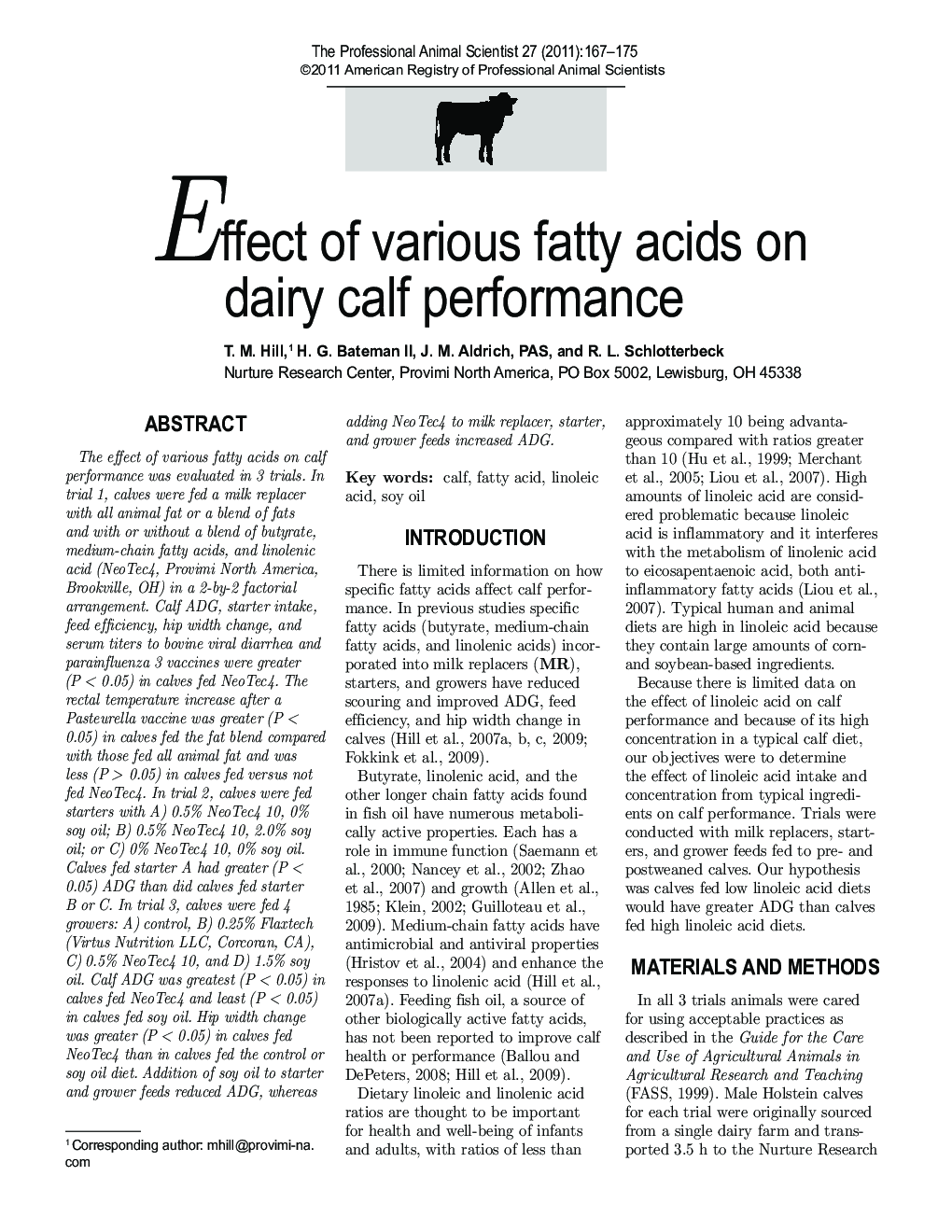 Effect of various fatty acids on dairy calf performance