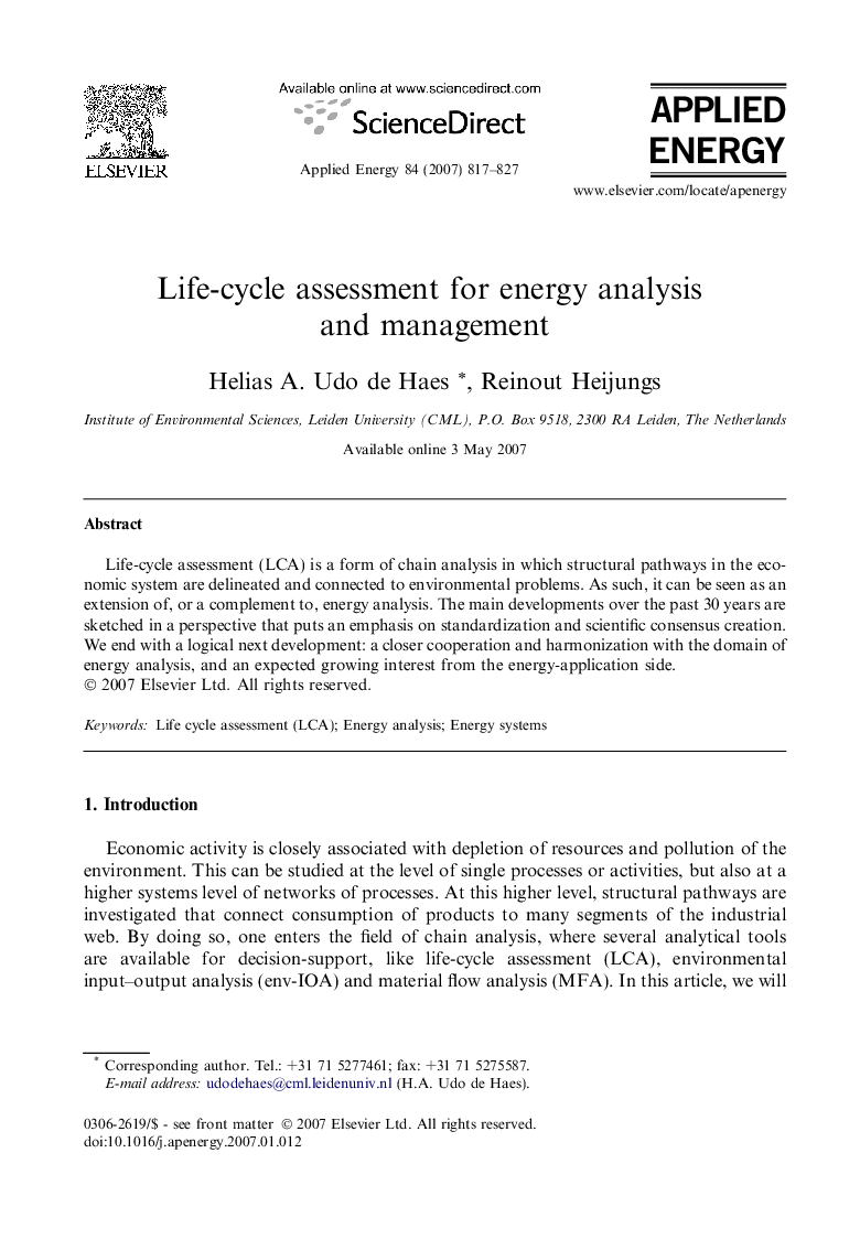 Life-cycle assessment for energy analysis and management