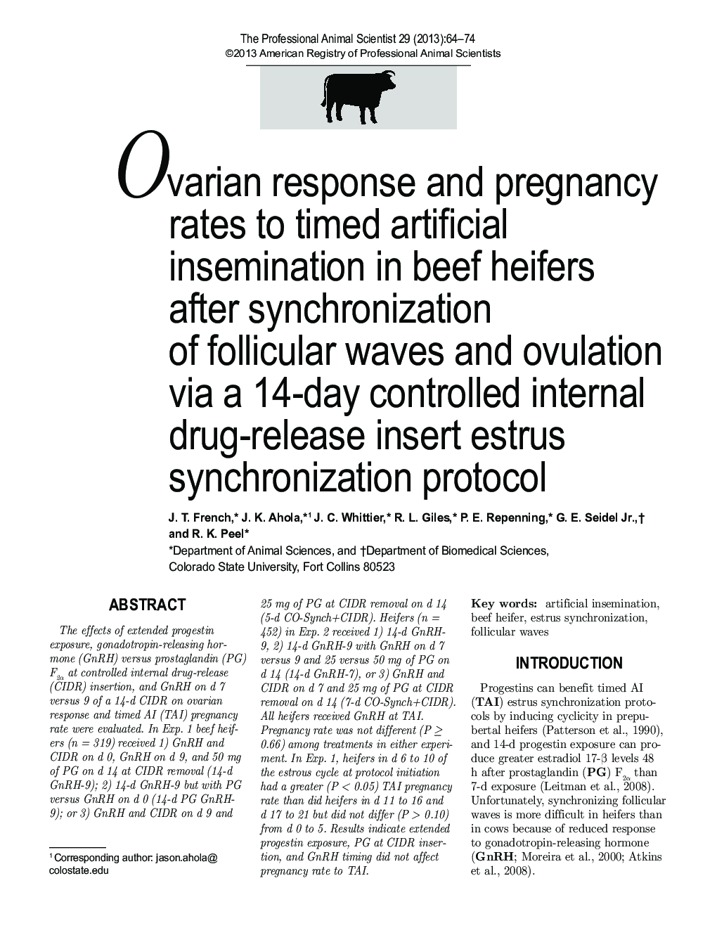 Ovarian response and pregnancy rates to timed artificial insemination in beef heifers after synchronization of follicular waves and ovulation via a 14-day controlled internal drug-release insert estrus synchronization protocol