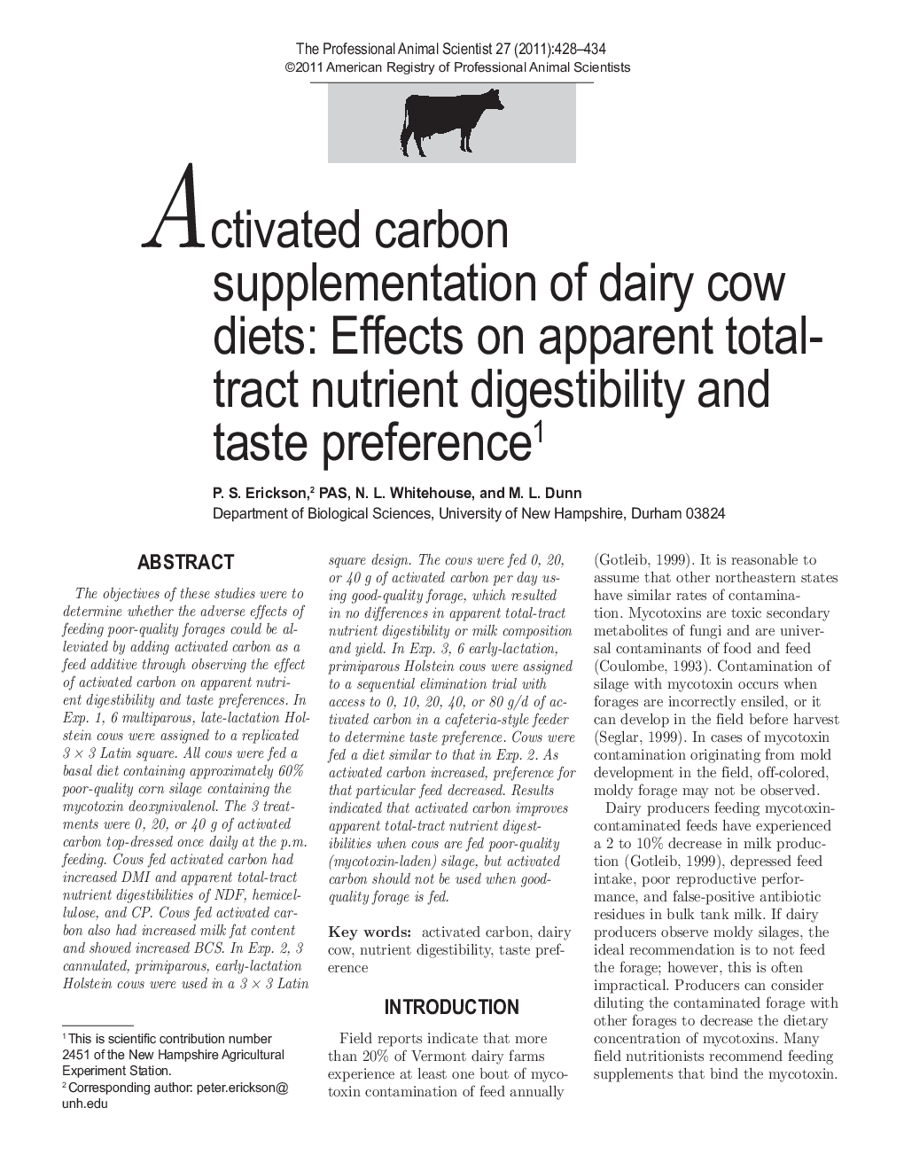 Activated carbon supplementation of dairy cow diets: Effects on apparent total-tract nutrient digestibility and taste preference1