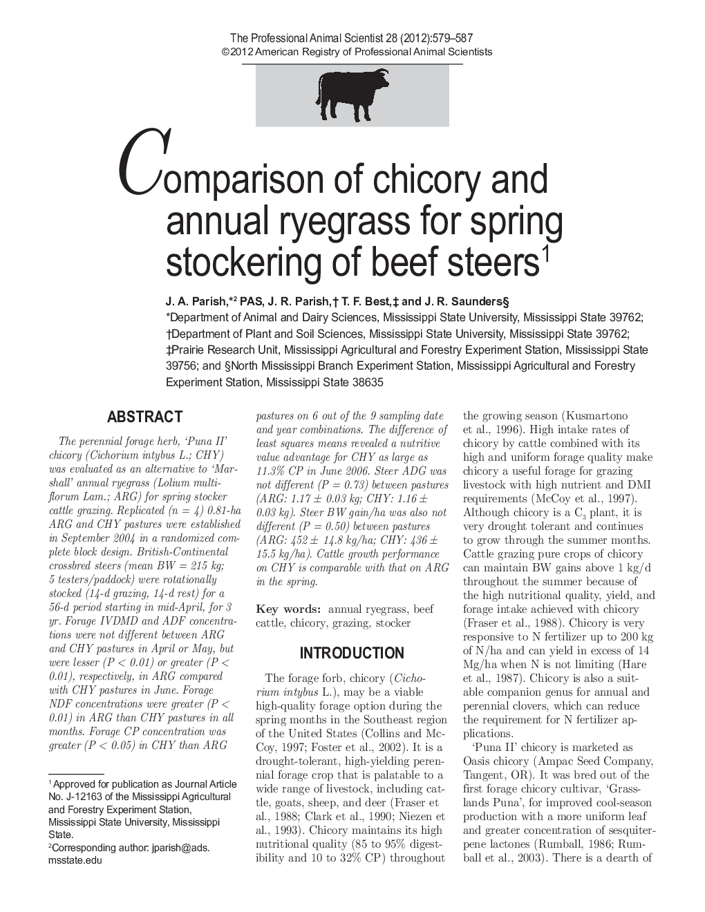 Comparison of chicory and annual ryegrass for spring stockering of beef steers1