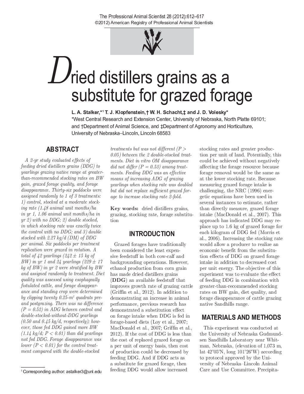 Dried distillers grains as a substitute for grazed forage