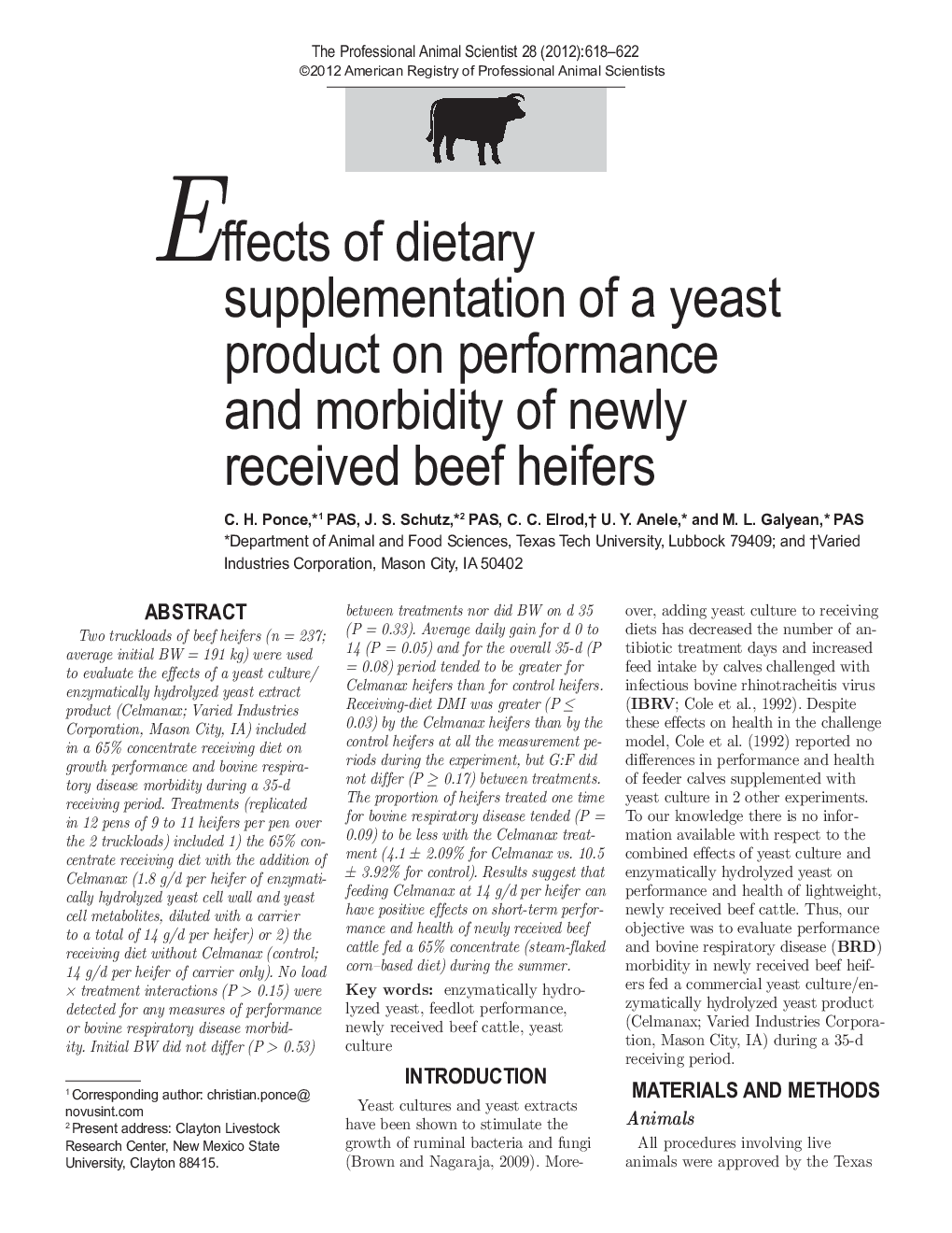 Effects of dietary supplementation of a yeast product on performance and morbidity of newly received beef heifers