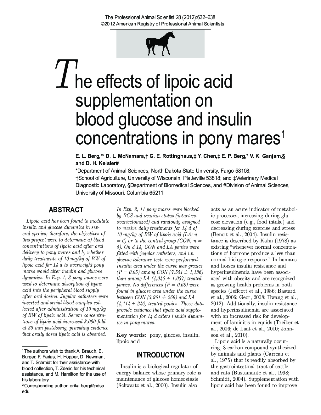 The effects of lipoic acid supplementation on blood glucose and insulin concentrations in pony mares1