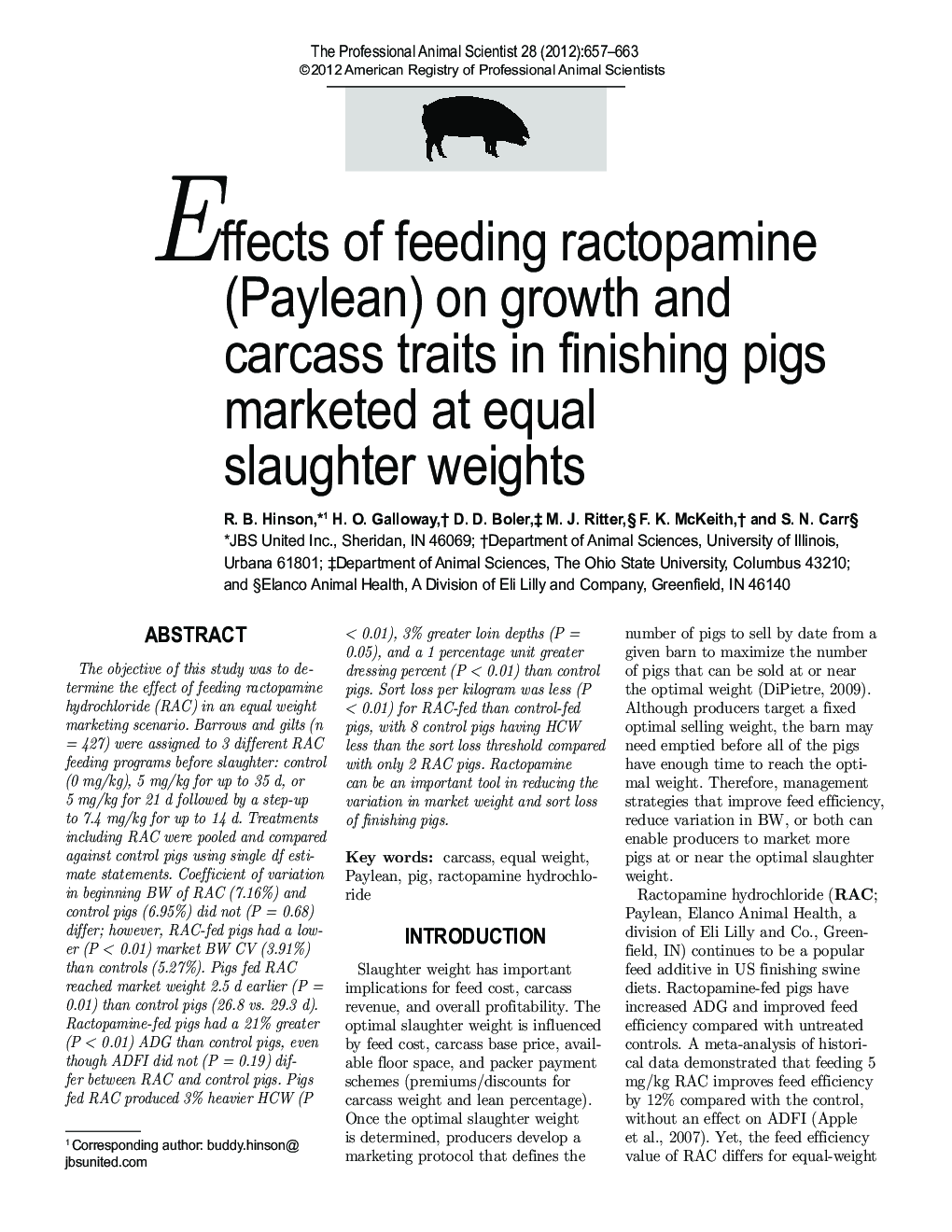 Effects of feeding ractopamine (Paylean) on growth and carcass traits in finishing pigs marketed at equal slaughter weights