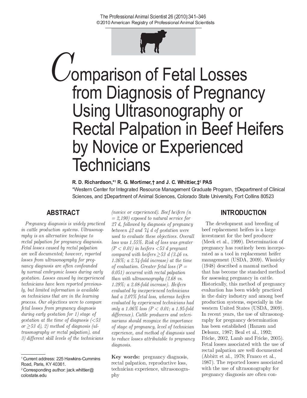 Comparison of Fetal Losses from Diagnosis of Pregnancy Using Ultrasonography or Rectal Palpation in Beef Heifers by Novice or Experienced Technicians