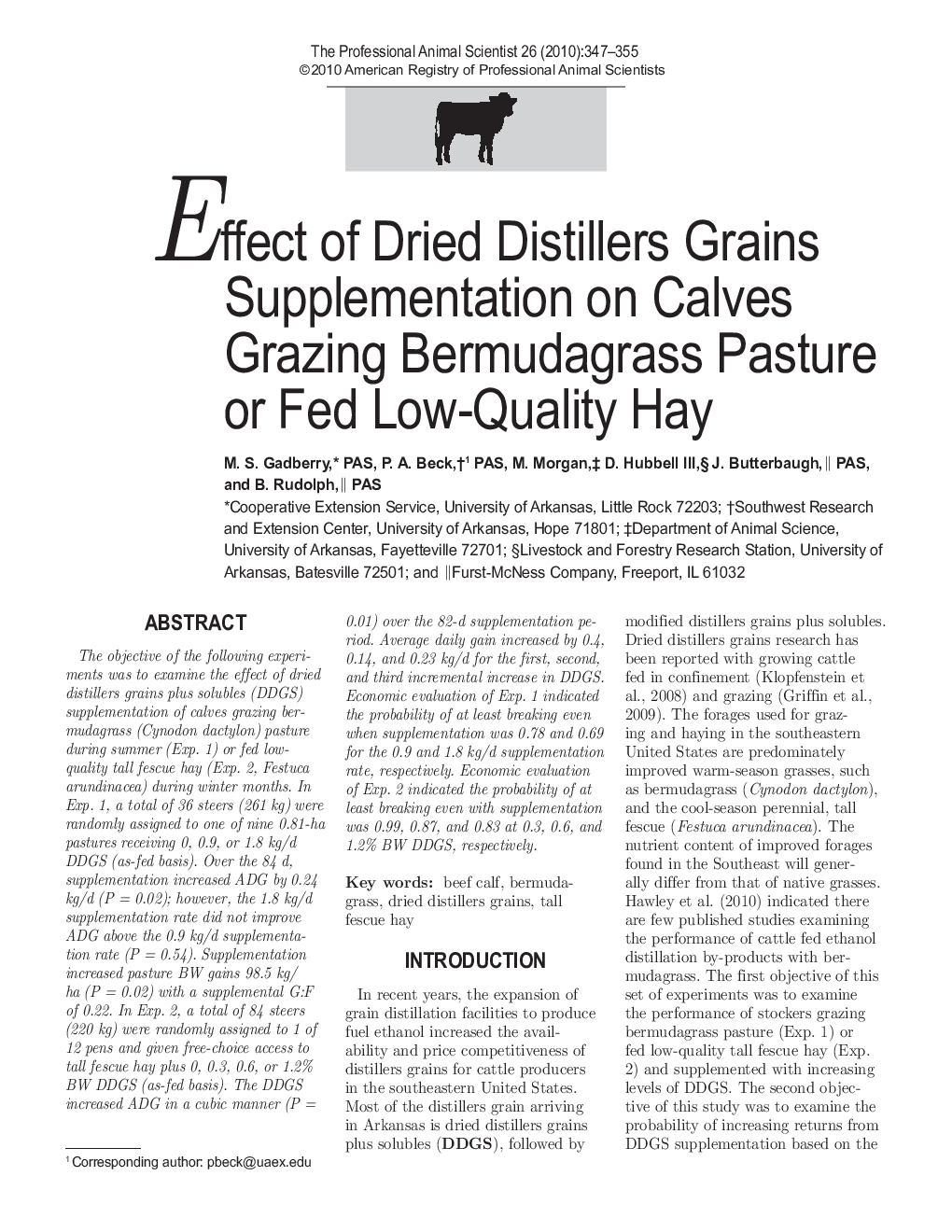 Effect of Dried Distillers Grains Supplementation on Calves Grazing Bermudagrass Pasture or Fed Low-Quality Hay