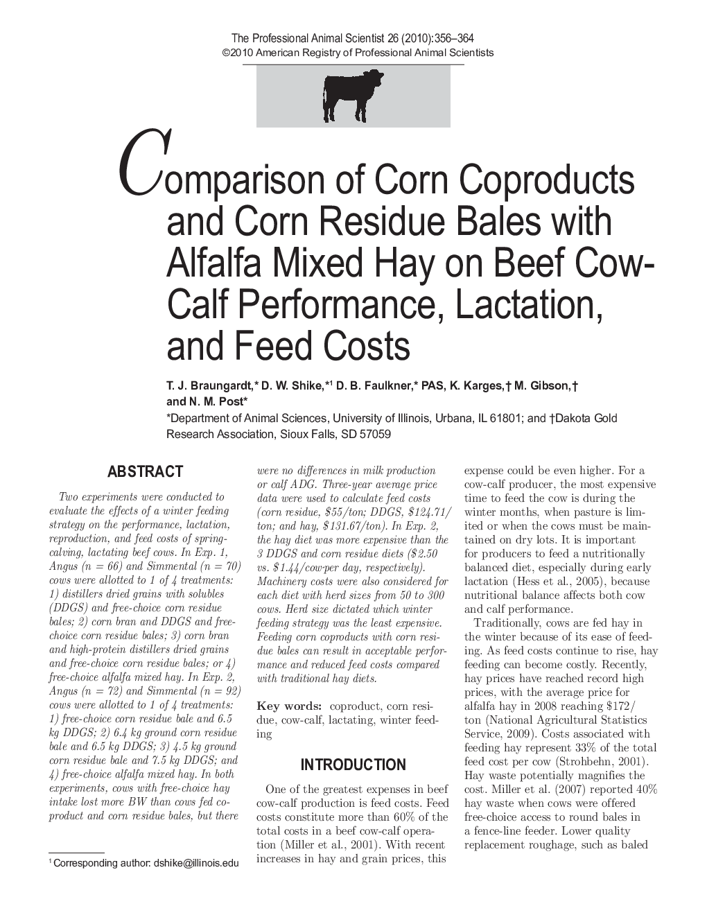 Comparison of Corn Coproducts and Corn Residue Bales with Alfalfa Mixed Hay on Beef Cow-Calf Performance, Lactation, and Feed Costs