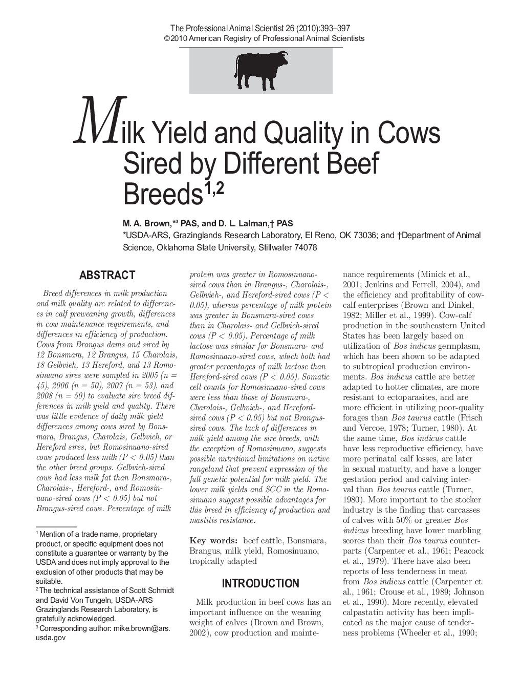 Milk Yield and Quality in Cows Sired by Different Beef Breeds12