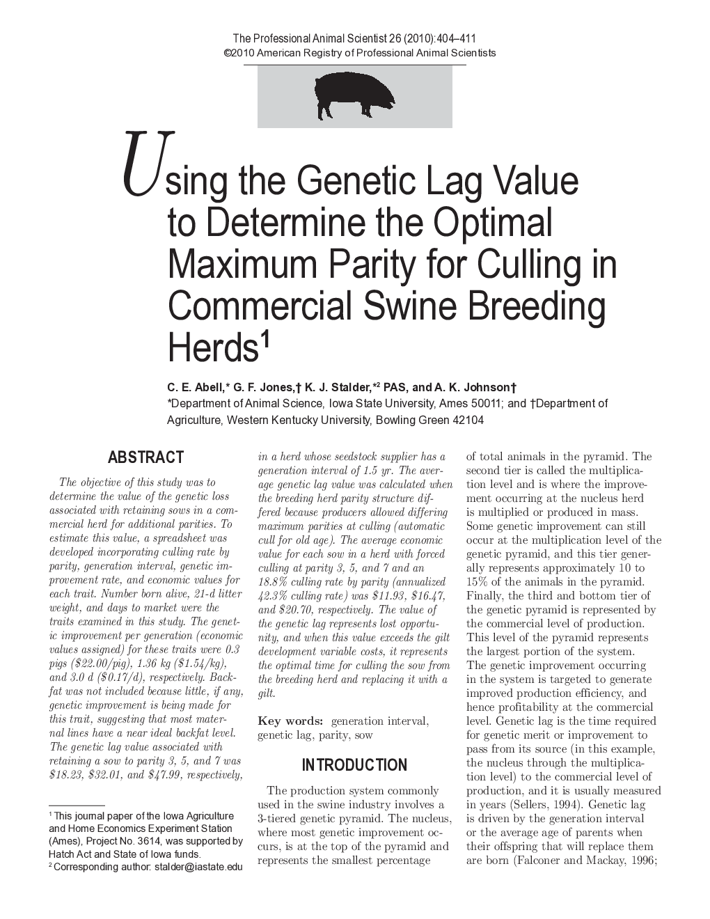 Using the Genetic Lag Value to Determine the Optimal Maximum Parity for Culling in Commercial Swine Breeding Herds1
