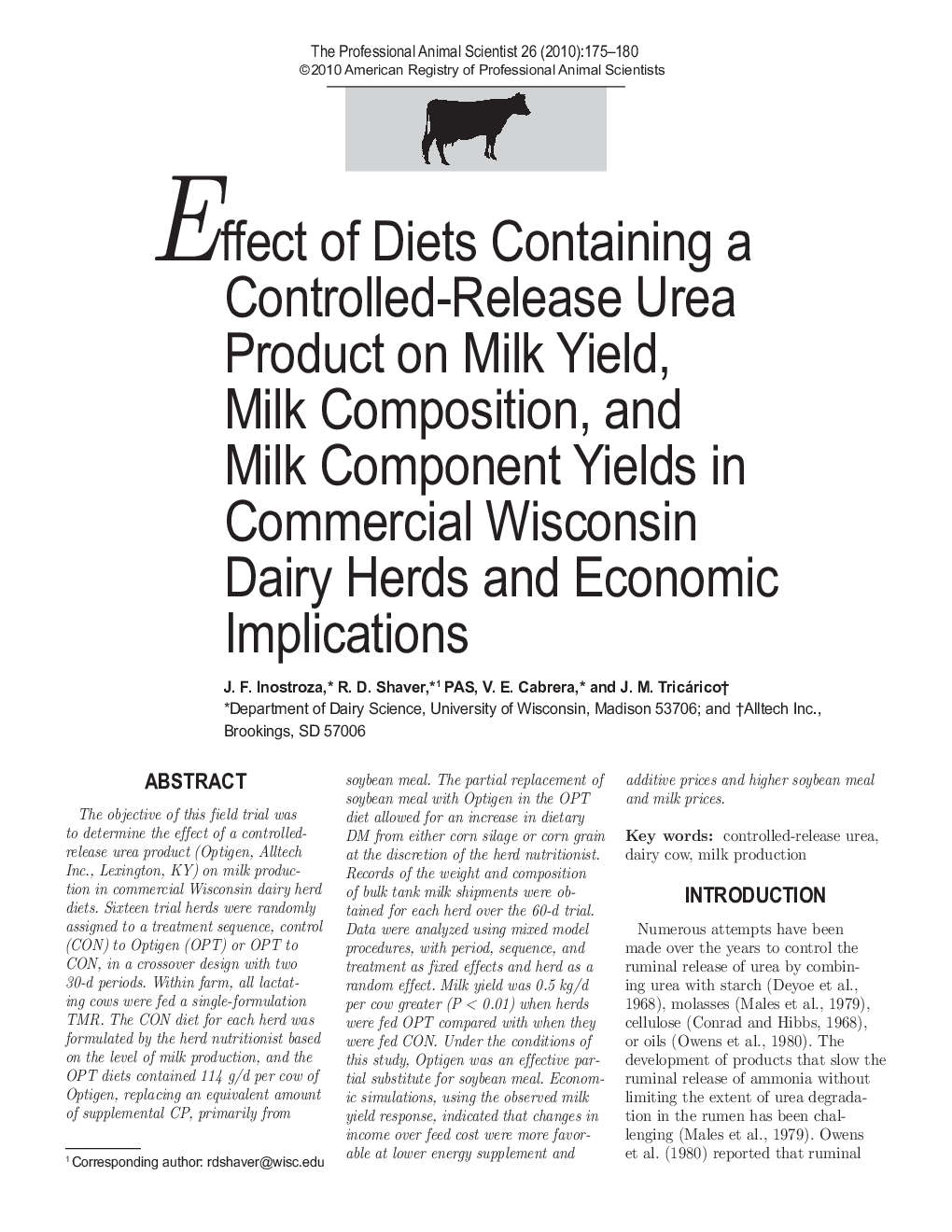 Effect of Diets Containing a Controlled-Release Urea Product on Milk Yield, Milk Composition, and Milk Component Yields in Commercial Wisconsin Dairy Herds and Economic Implications