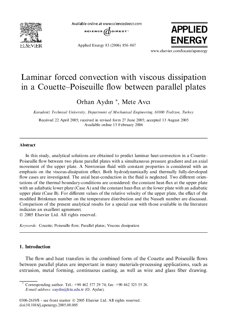Laminar forced convection with viscous dissipation in a Couette–Poiseuille flow between parallel plates