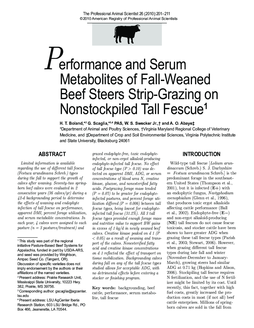 Performance and Serum Metabolites of Fall-Weaned Beef Steers Strip-Grazing on Nonstockpiled Tall Fescue1