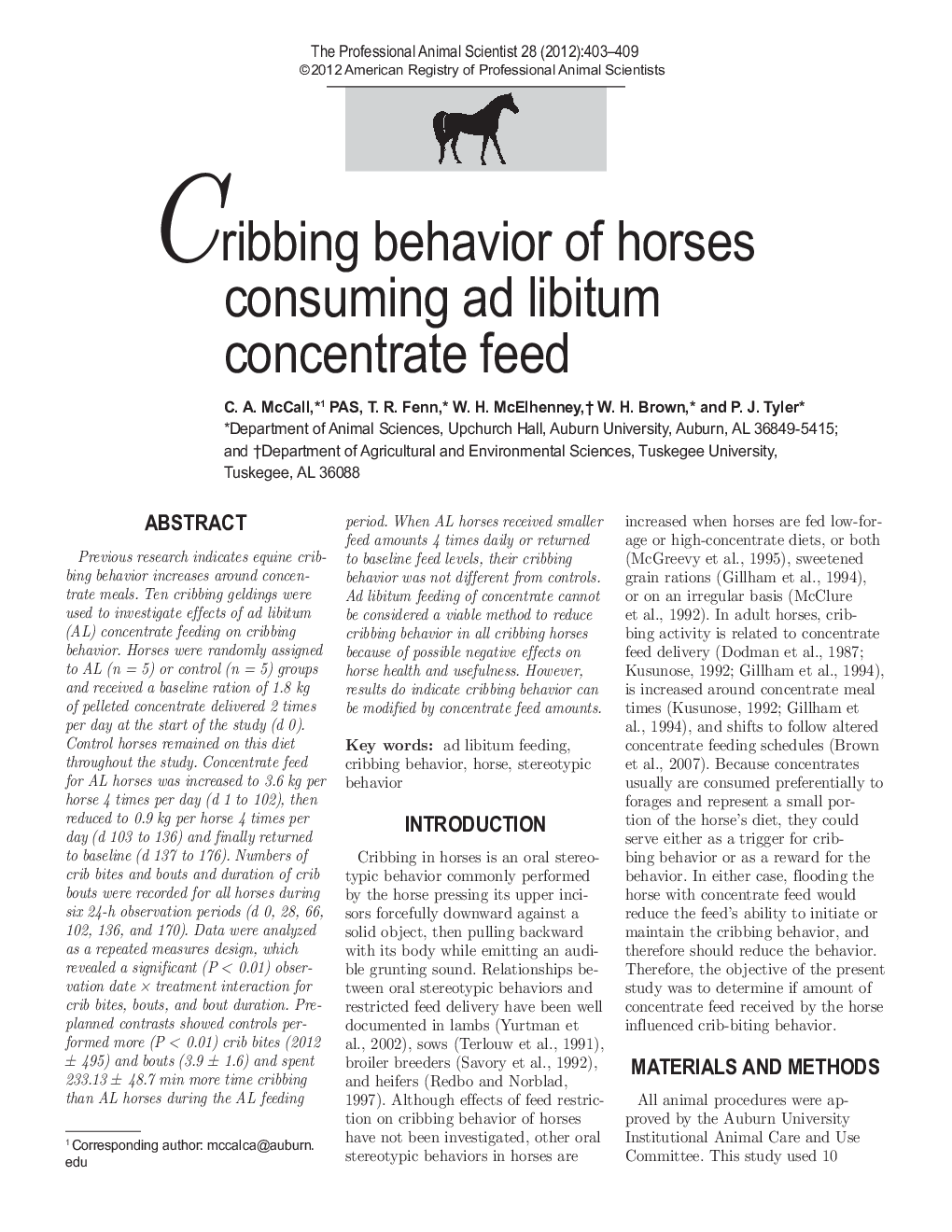 Cribbing behavior of horses consuming ad libitum concentrate feed